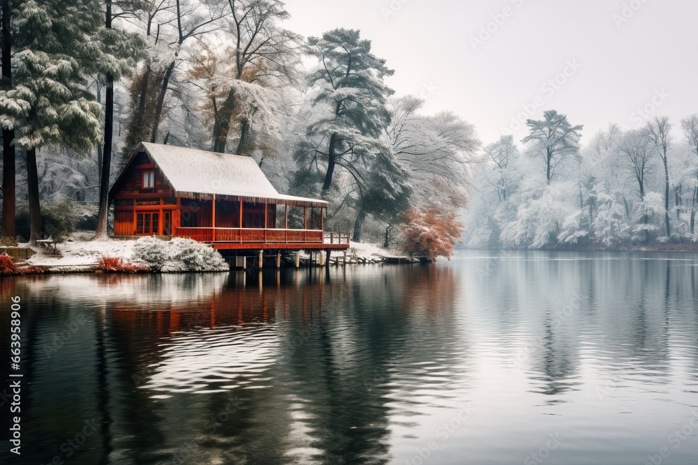 Fototapeta premium Amazing Wooden House near the Lake during Winter Season. Lot of Snow an Snowy Weather.
