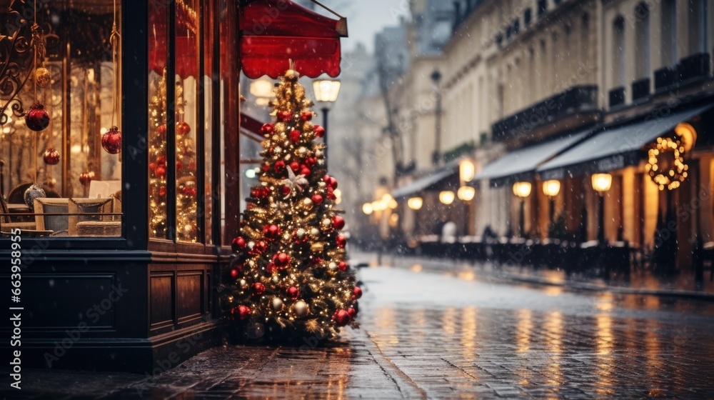 Christmas decorations on city street - obrazy, fototapety, plakaty 