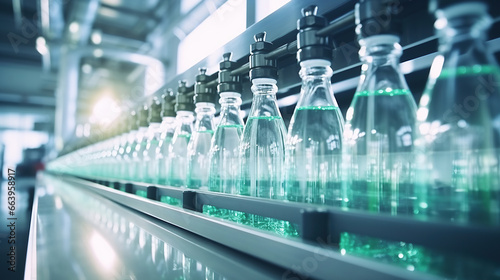 Line of bottling beverages in plastic bottles on clean light factory.