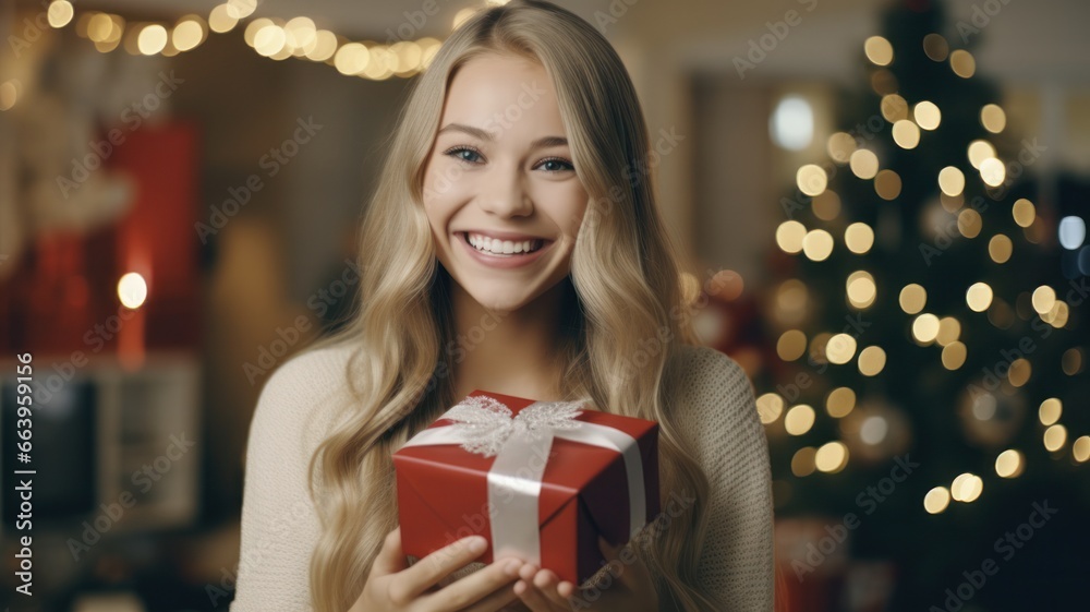 Cheerful Christmas Braces: Festive Woman Smiling and Holding Gift, Perfect for Xmas or New Year Sales Cheerful Christmas Braces: Festive Woman Smiling and Holding Gift, Perfect for Xmas or New Year Sales