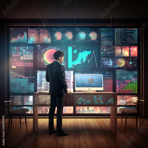 Businessman or data scientist working on laptop with business dash board analytics chart metrics KPI to analyze the performance and create insign reports of business management