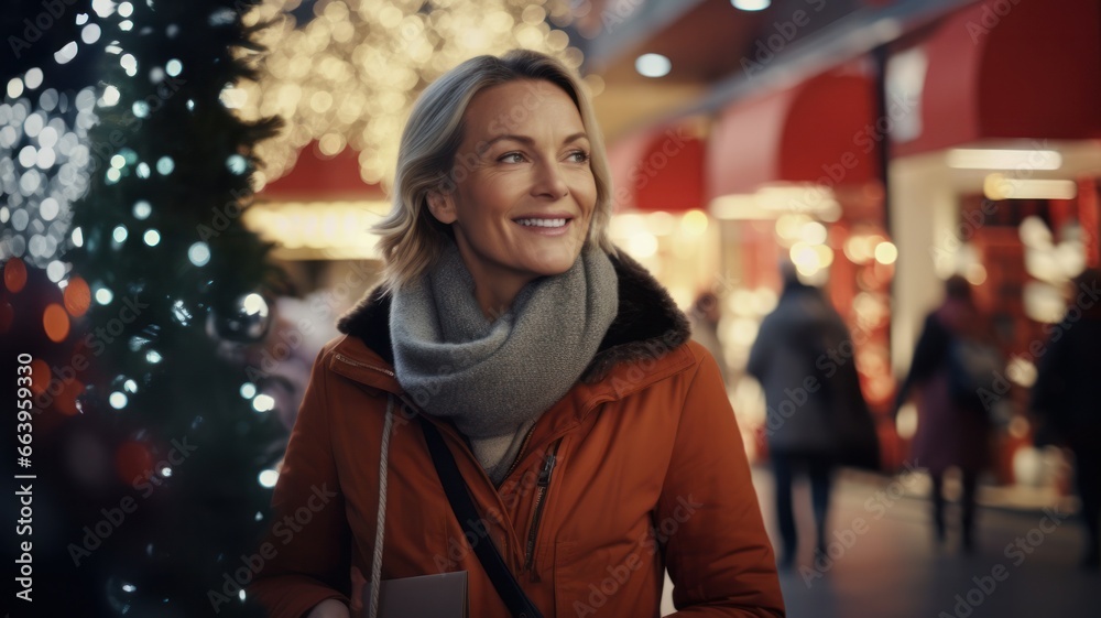 Cheerful Middle-Aged Woman Christmas Shopping with Festive Gifts in Hand Cheerful Middle-Aged Woman Christmas Shopping with Festive Gifts in Hand