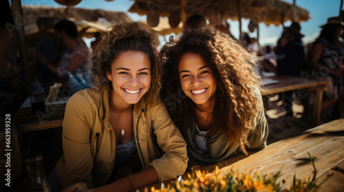 Two young women share a cheerful moment at an outdoor beach cafe during a sunny day, showcasing the joy of friendship. © apratim