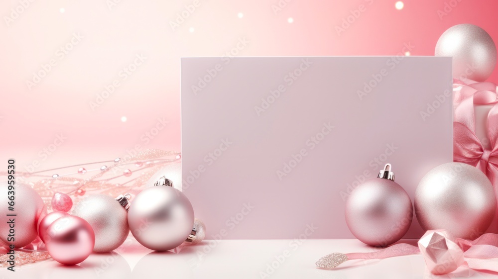 Φωτογραφία Chic Christmas DÃ©cor Poster showcasing Invitation Card and Silver Ornaments on Trendy Pink Background