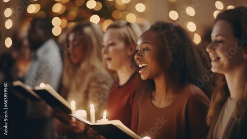 Fotografia Choir by Candlelight: Glowing Candles Illuminate Christmas Hymns in Midnight Church Service