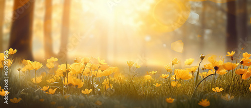 Spring bloom wallpaper. Group of wild flowers in forest on glade glow in sun on yellow and golden background macro. Spring border template floral background. Gentle air amazing magic artistic image.