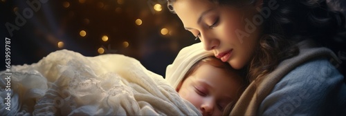 Foto Christmas Portrait of Mother Mary Holding Baby Jesus in Nativity Scene