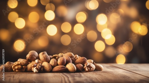 Christmas Nuts and Vintage Wooden Table on Blurred Lights Background with Xmas Tree, Creating a Warm and Cozy Atmosphere in Empty Room