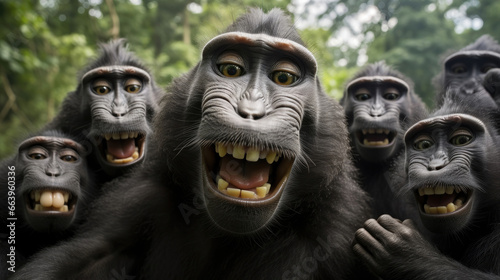 Group of Celebes crested macaques close-up