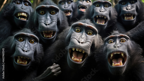 Group of Celebes crested macaques close-up