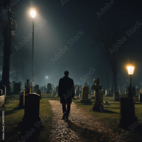 man walking through graveyard