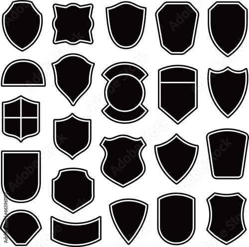 Black outlined heraldic shields. Police Badge Icons set. Coat of arms silhouette on white background. Protection and security symbol, label.  photo