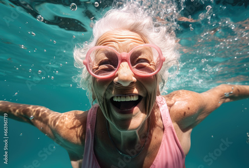 A happy old woman enjoys diving in the pool
