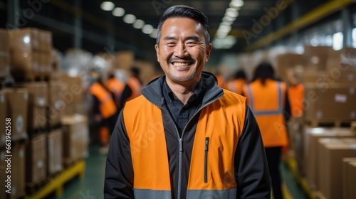 Portrait of a happy worker standing in warehouse distribution center. © Thanaphon
