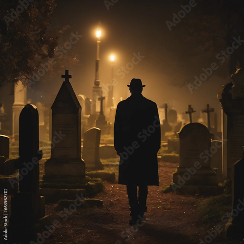 man walking through graveyard at night 