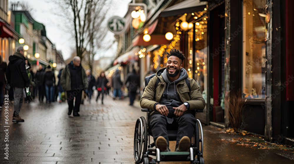 Happy black disabled man smiling while sitting in a wheelchair. Disabled people concept.