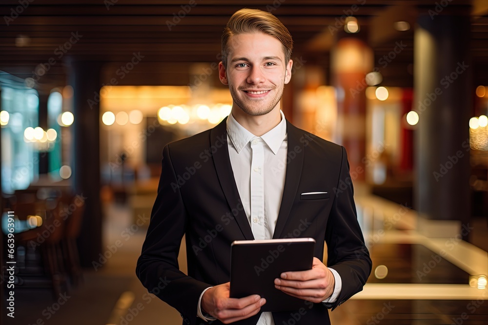 Young man in black suit holding a tablet in a restaurant, Businessman