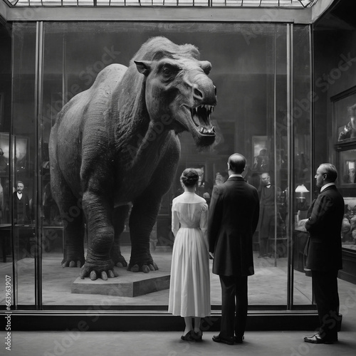 1800s people looking at a caged mysterious beast 