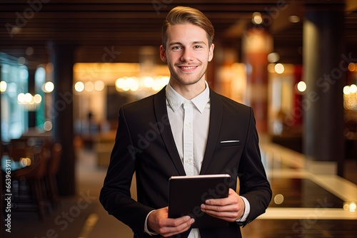 Young man in black suit holding a tablet in a restaurant, Businessman