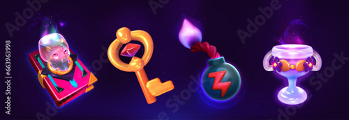 Fantasy props, game assets cartoon vector set. Magic book with skull, golden key, bomb with rope wick and flame and trophy with gemstone. Game items on dark background. Ancient gui design elements.