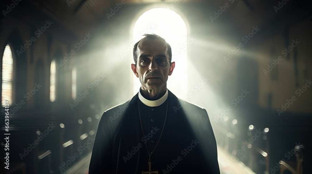 Victorian-era portrait of a Catholic priest inside a church, mysterious background of the church. Created with Generative Ai technology. Victorian-era portrait of a Catholic priest inside a church, mysterious background of the church. Created with Generative Ai technology.