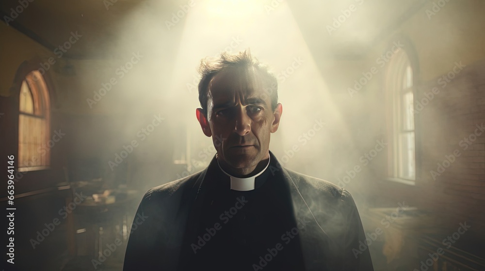 Victorian-era portrait of a Catholic priest inside a church, mysterious ...