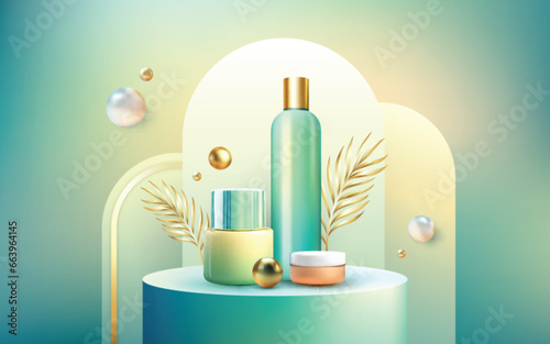 Realistic cosmetics bottles on podium. Beauty products on platform. Skin or body care cosmetic tubes on round stage. Showroom platform with golden and white pearls. Mockup of blank plastic packages.