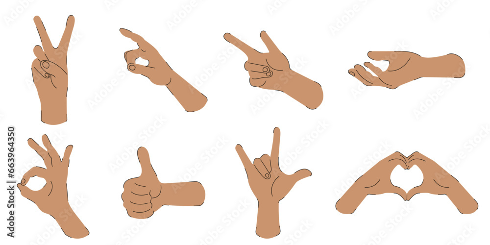 Set of flat illustrations of hands on a white background. Touch, dance, heart from hands, index finger, figure approx. Modern vector illustration of arms body parts. Set of flat illustrations of hands on a white background. Touch, dance, heart from hands, index finger, figure approx. Modern vector illustration of arms body parts.