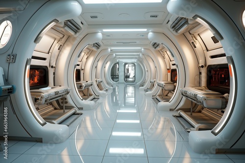 clandestine spacious and enormous underground research lab all in white surfaces, hyperrealistic science fiction