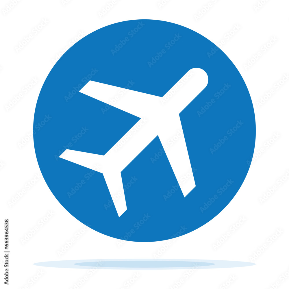Plane icon. Flight transport symbol. Blue circle button with flat web icon. Blue plane icon isolated on a white background. Airplane trendy icon. Flight transport symbol. 