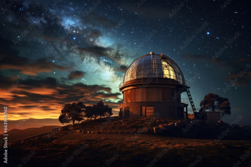 Astronomical observatory under a star-filled night sky. - obrazy, fototapety, plakaty 