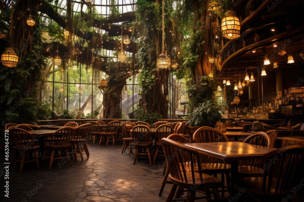 Atmospheric rainforest cafe with wooden furniture and hanging plants.