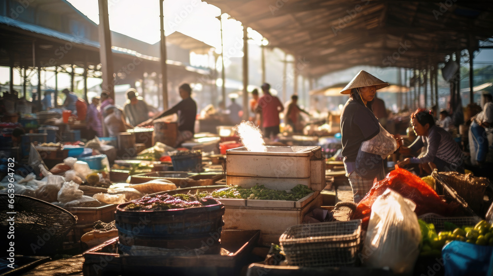 Fresh Seafood and Tropical Fruits at Bustling Seaside Market Morning