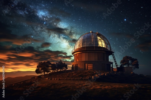 Astronomical observatory under a star-filled night sky.