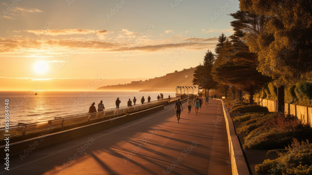 Morning Walk on Vibrant Coastal Promenade at Sunrise