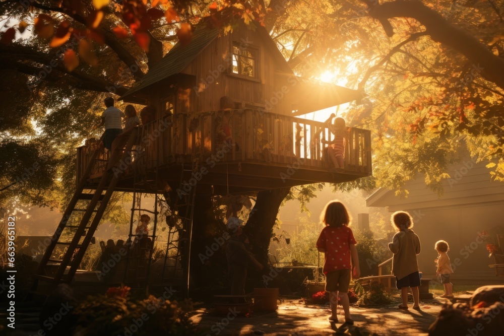 Children playing in a sunlit backyard with a treehouse.