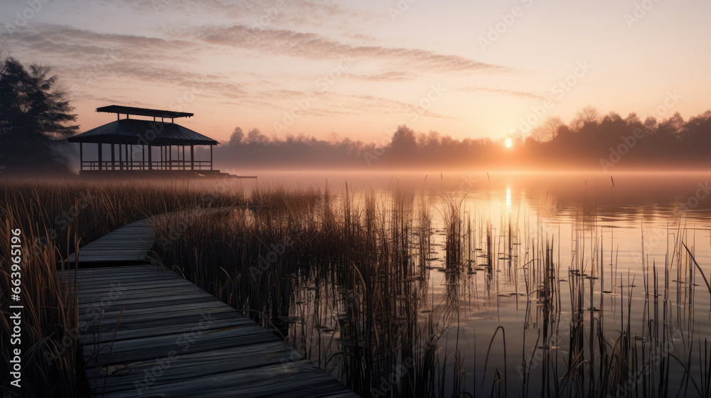 Fototapeta premium Morning Tai Chi by the Lake: Mist Reeds and Serenity