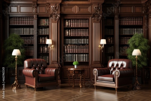 Classic library interior with leather armchairs and mahogany bookshelves.