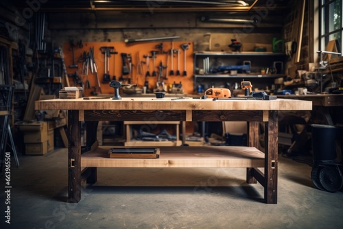 DIY workshop table with tools for crafting and woodworking. photo