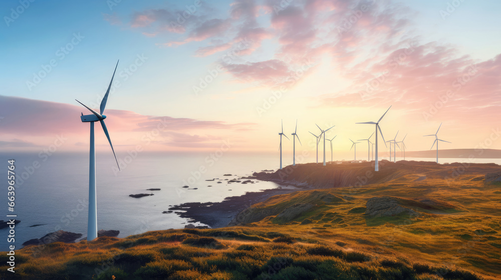 Sentinels of Wind Energy: Coastal Turbines at Sunrise
