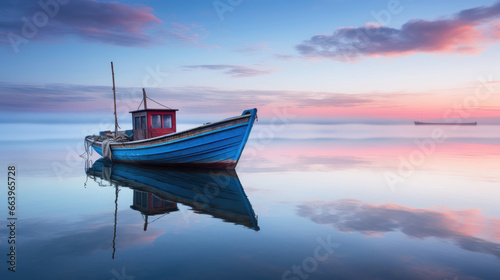 Serene Coastal Scene with Sustainable Fishing Boat at Dawn