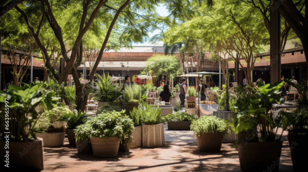 Market square turned green oasis: lush plants and trees offer shade and beauty in sustainable setting