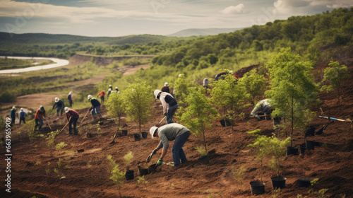 Transforming landscapes: volunteers planting saplings in community-led reforestation a collective dedication to nature