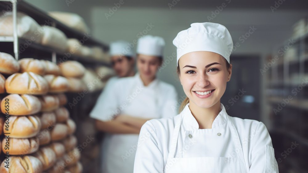 Young female baker standing at workplace on baking manufacture.

