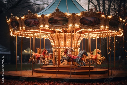 Vintage carousel in a city park surrounded by twinkling fairy lights.