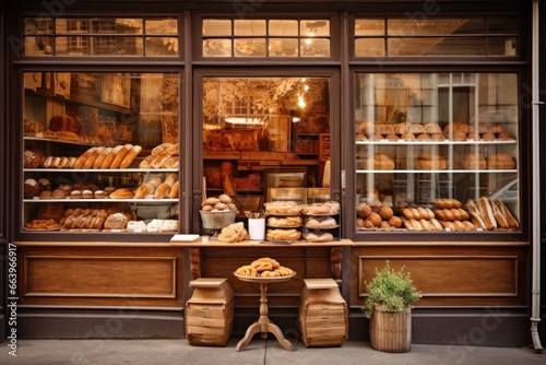 Traditional bakery storefront with freshly baked goods on display. photo
