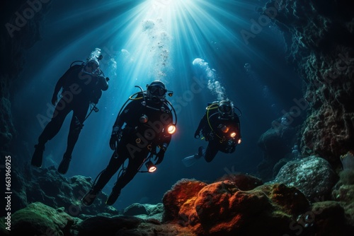 Underwater cave exploration with divers and mysterious light. © Bijac