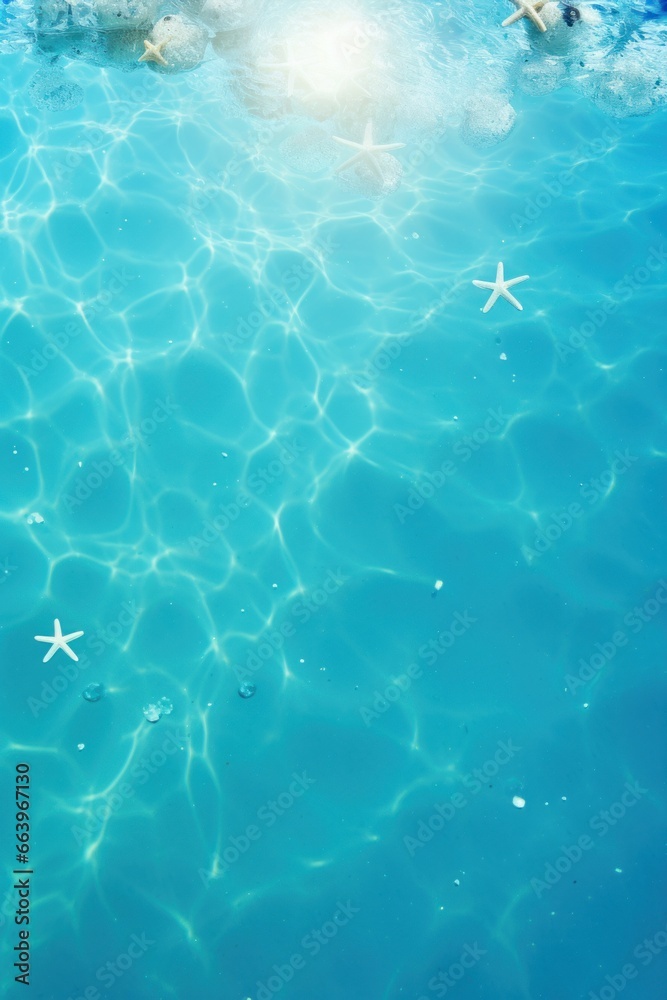 Ocean shelf flooded with sunlight. A nice marine poster. Top view of shallow water with small starfish. Place for design and text.