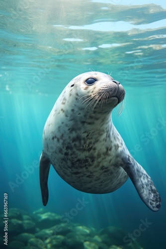 Enchanting sea poster. portrait of a baby sea lion swimming on clear blue water . Concept sea life. photo