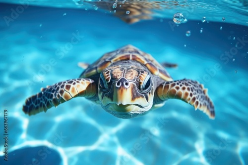 Alluring marine banner. portrait sea turtle swimming in clear blue water illuminated by the sun . Concept sea life.